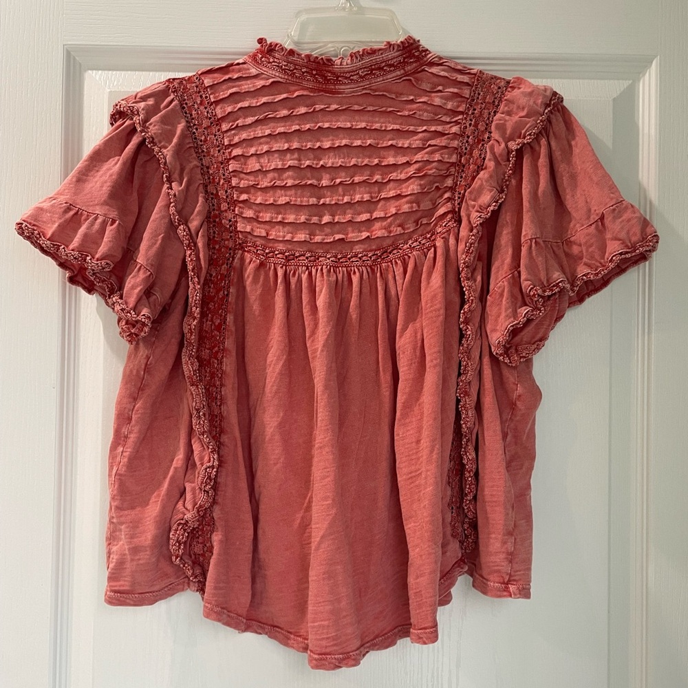 Free People Le Femme Ruffled Crochet Coral Red Top size Medium